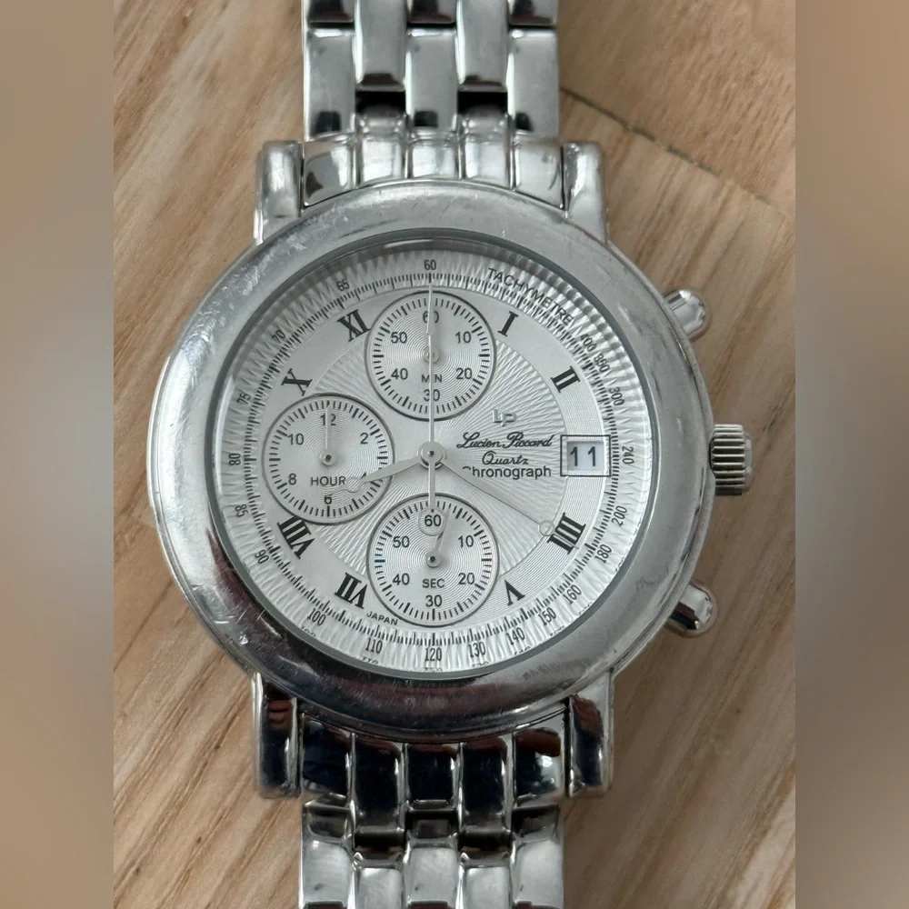 Lucien Piccard Chronograph Watch Stainless Case Bracelet Silver Dial New Crystal